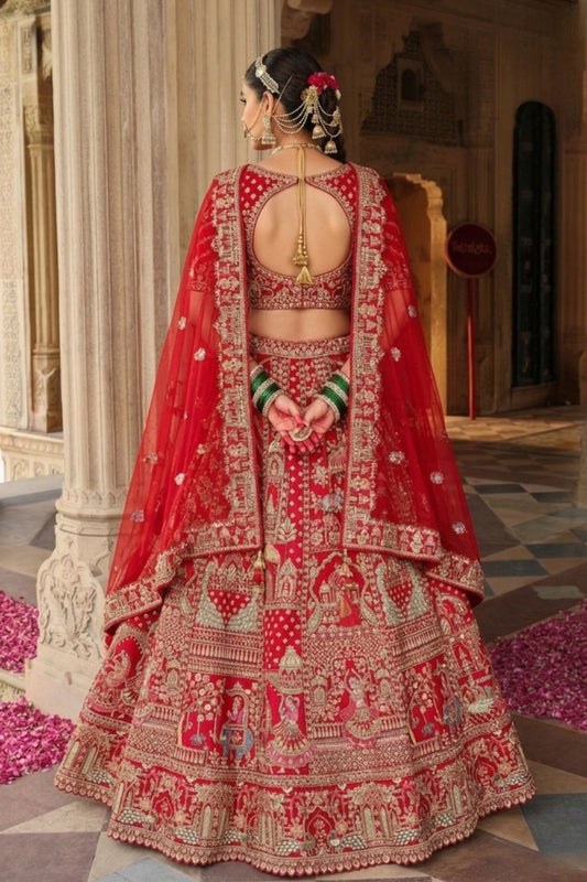 Scarlet Red Silk Bridal Lehenga with Flared Panels & Temple Border Embroidery
