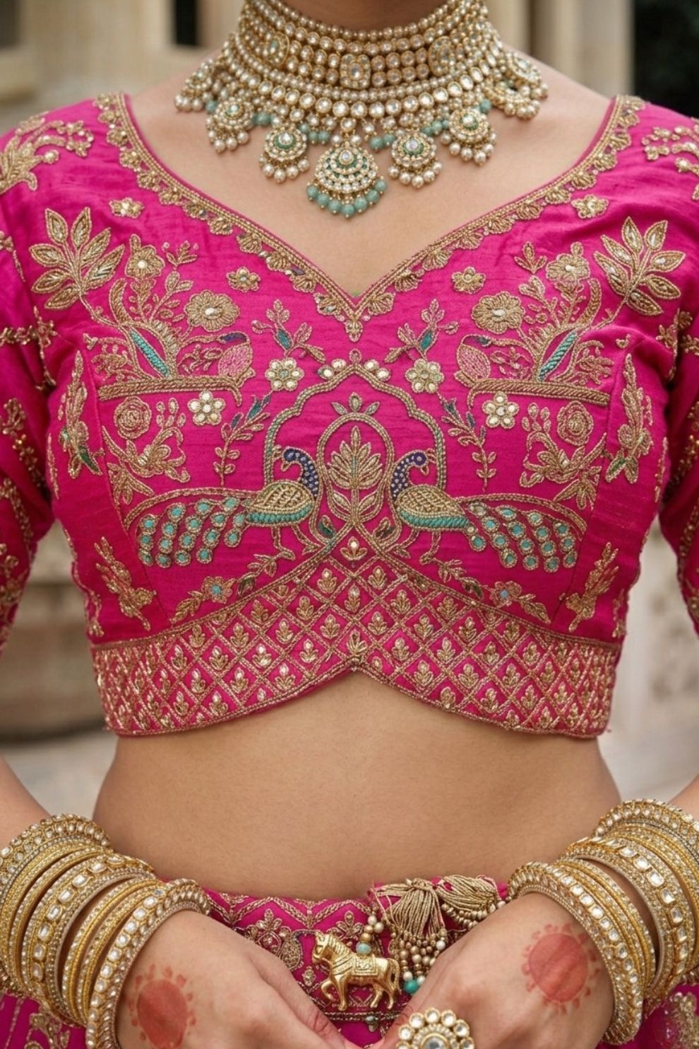 Rani Pink Silk Bridal Lehenga with Peacock & Elephant Motif Embroidery