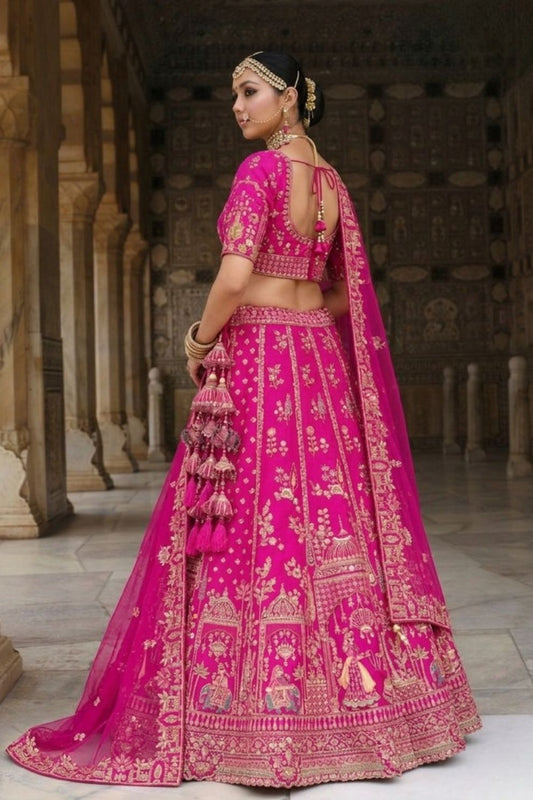 Rani Pink Kalidar Silk Lehenga with Royal Wedding Motifs
