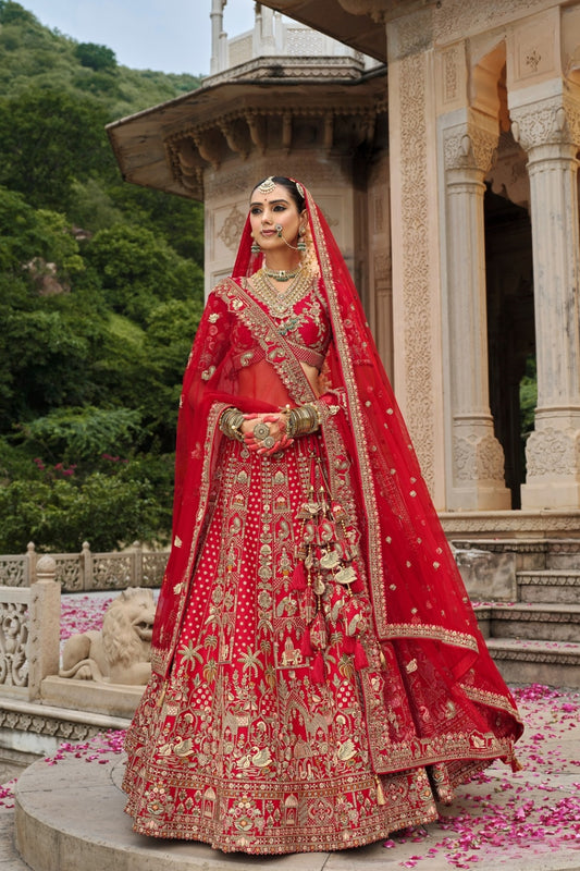 Heritage Red Silk Bridal Lehenga with Elephant & Peacock Motif Embroidery