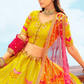 Yellow Pink Silk Bridal Lehenga with Cut Work Mirror Embroidery