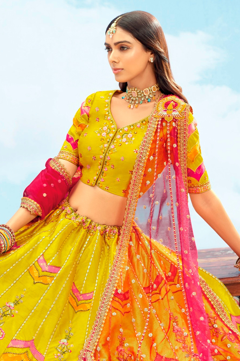 Yellow Pink Silk Bridal Lehenga with Cut Work Mirror Embroidery