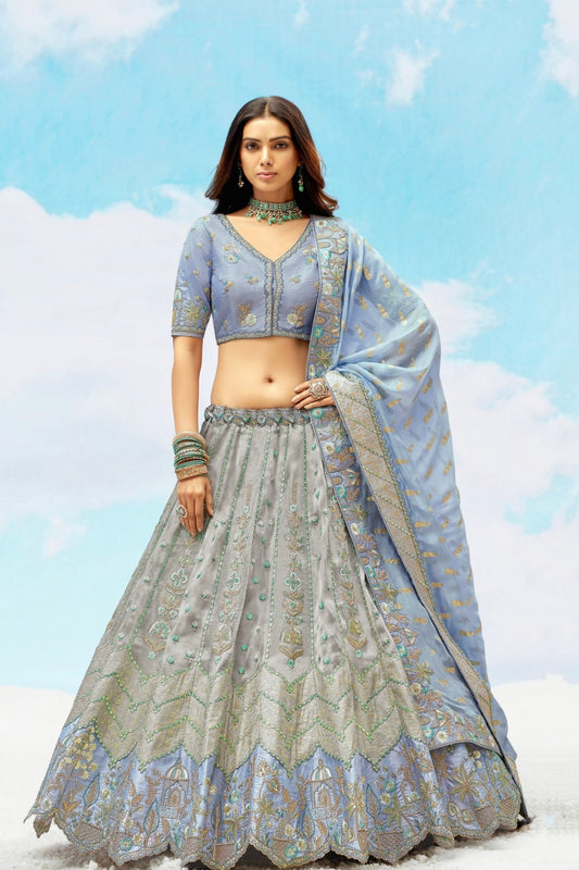 Grey Light Blue Silk Heavy Embroidered Wedding Lehenga Choli
