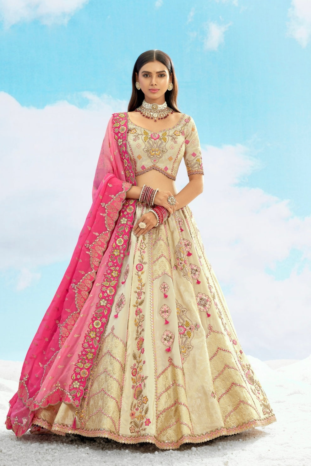 Ivory Pink Embroidered Designer Silk Lehenga Choli