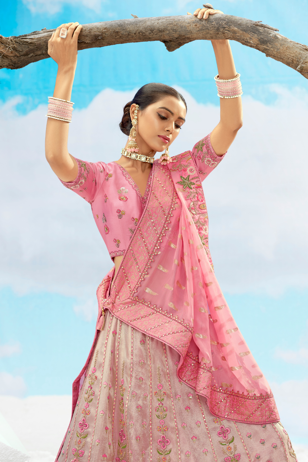 Soft Pink Gold Embroidery Designer Silk Lehenga Choli