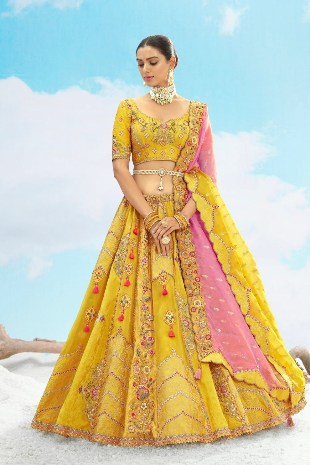 Sunset Orange Yellow Embroidered Designer Silk Lehenga