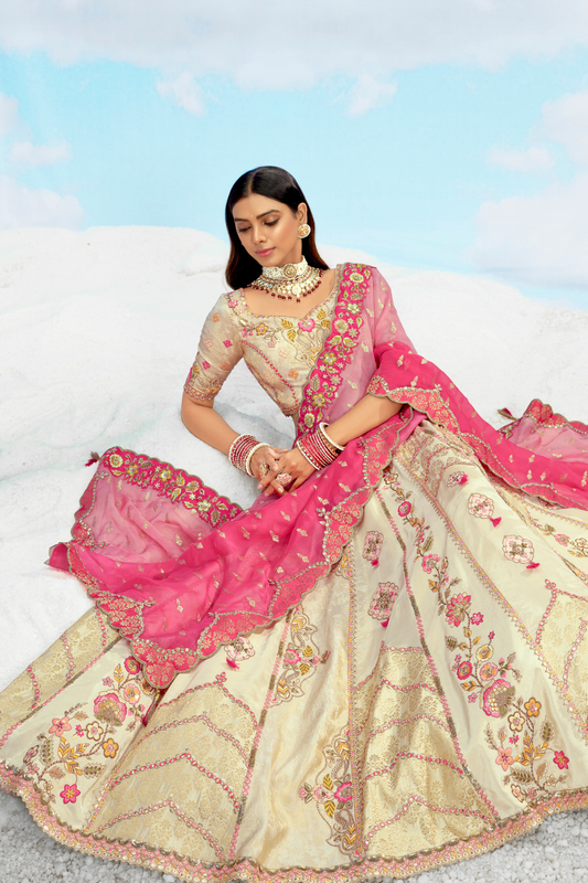 Ivory Pink Embroidered Designer Silk Lehenga Choli