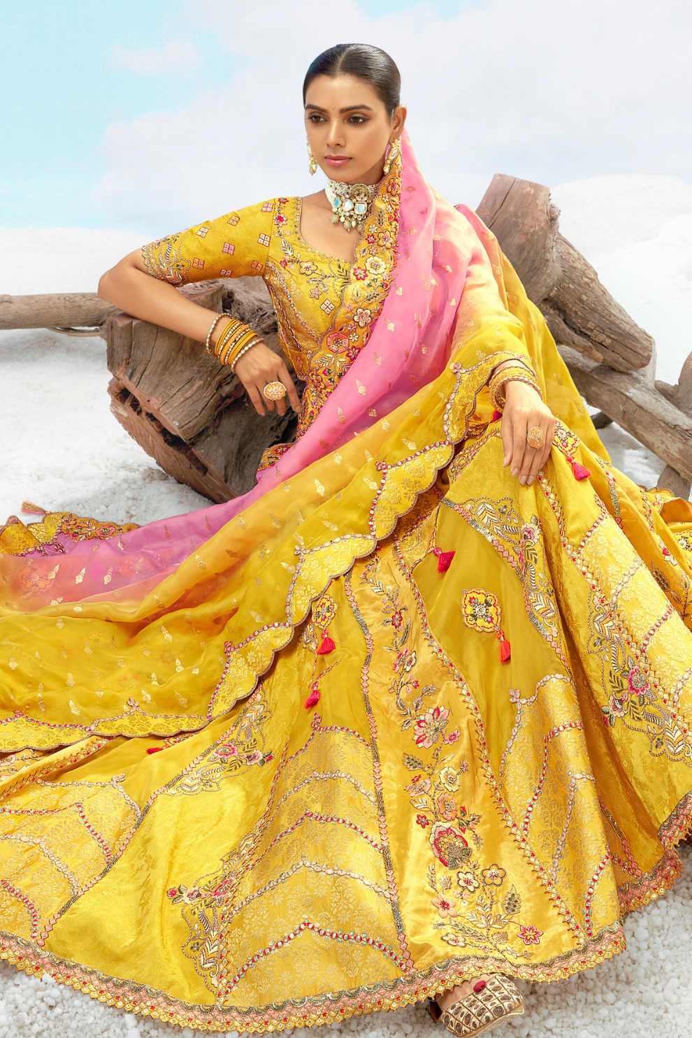 Sunset Orange Yellow Embroidered Designer Silk Lehenga