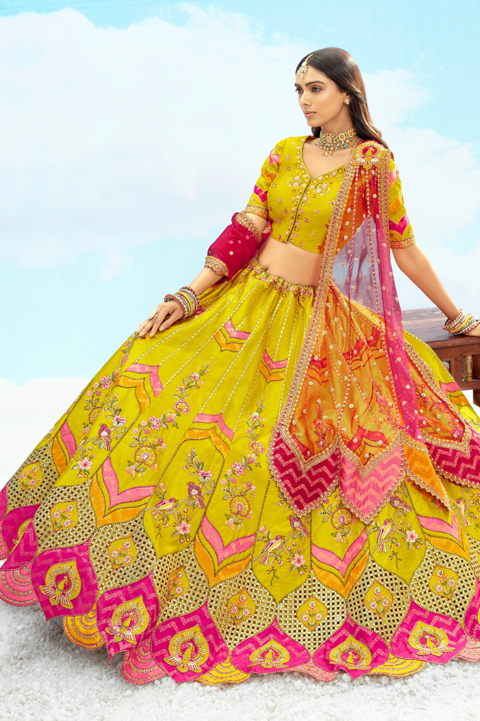Yellow Pink Silk Bridal Lehenga with Cut Work Mirror Embroidery