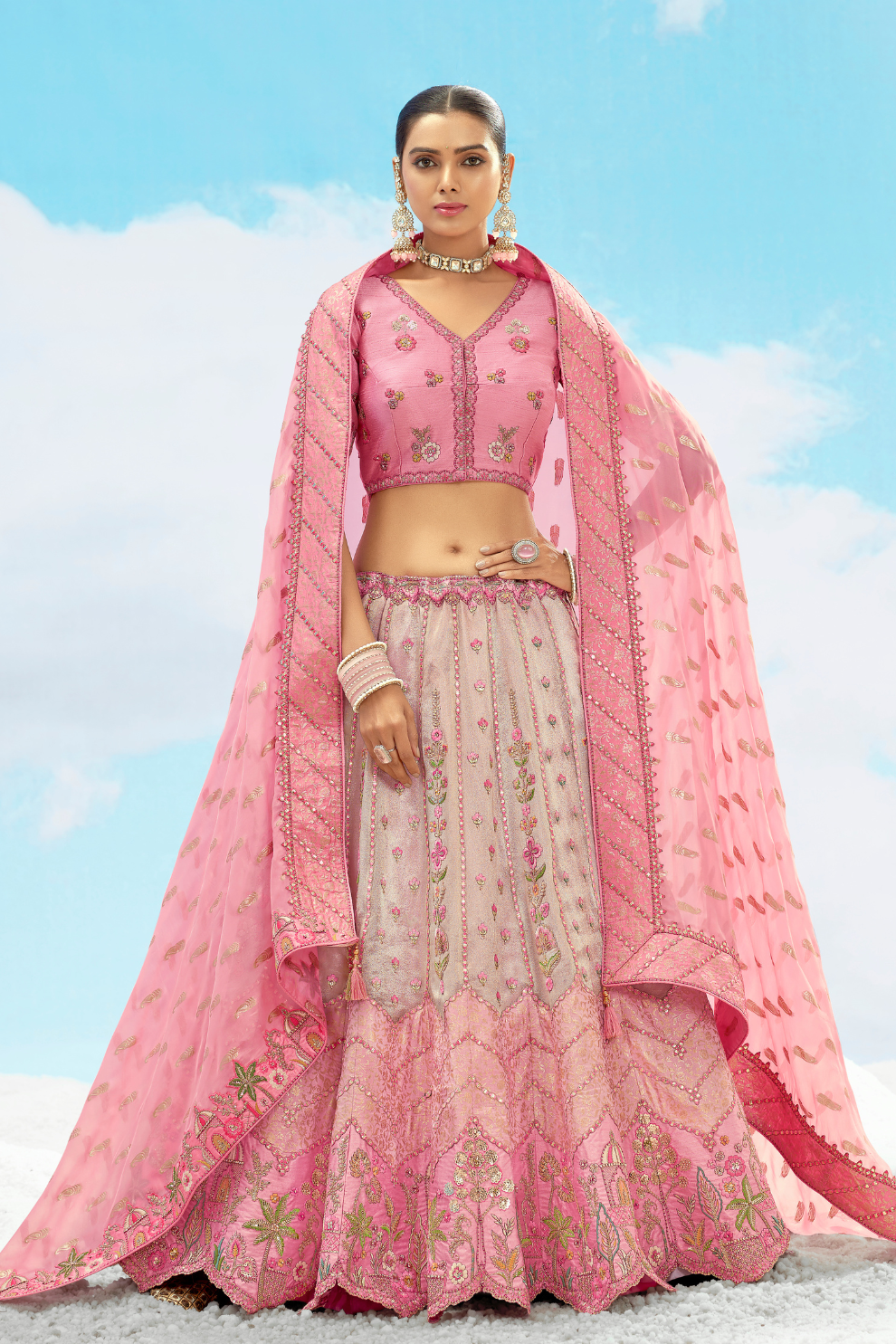 Soft Pink Gold Embroidery Designer Silk Lehenga Choli