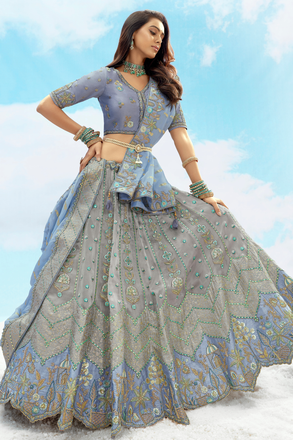 Grey Light Blue Silk Heavy Embroidered Wedding Lehenga Choli