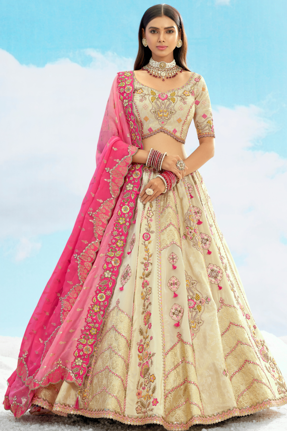 Ivory Pink Embroidered Designer Silk Lehenga Choli
