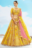 Sunset Orange Yellow Embroidered Designer Silk Lehenga