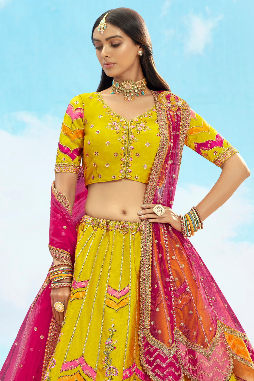 Yellow Pink Silk Bridal Lehenga with Cut Work Mirror Embroidery