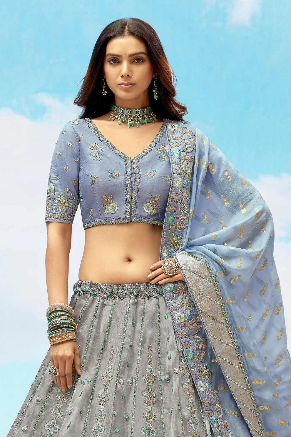 Grey Light Blue Silk Heavy Embroidered Wedding Lehenga Choli