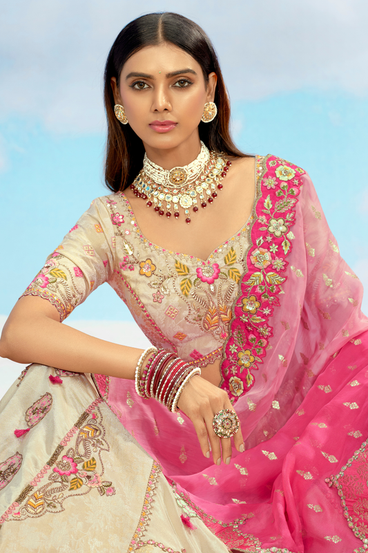 Ivory Pink Embroidered Designer Silk Lehenga Choli