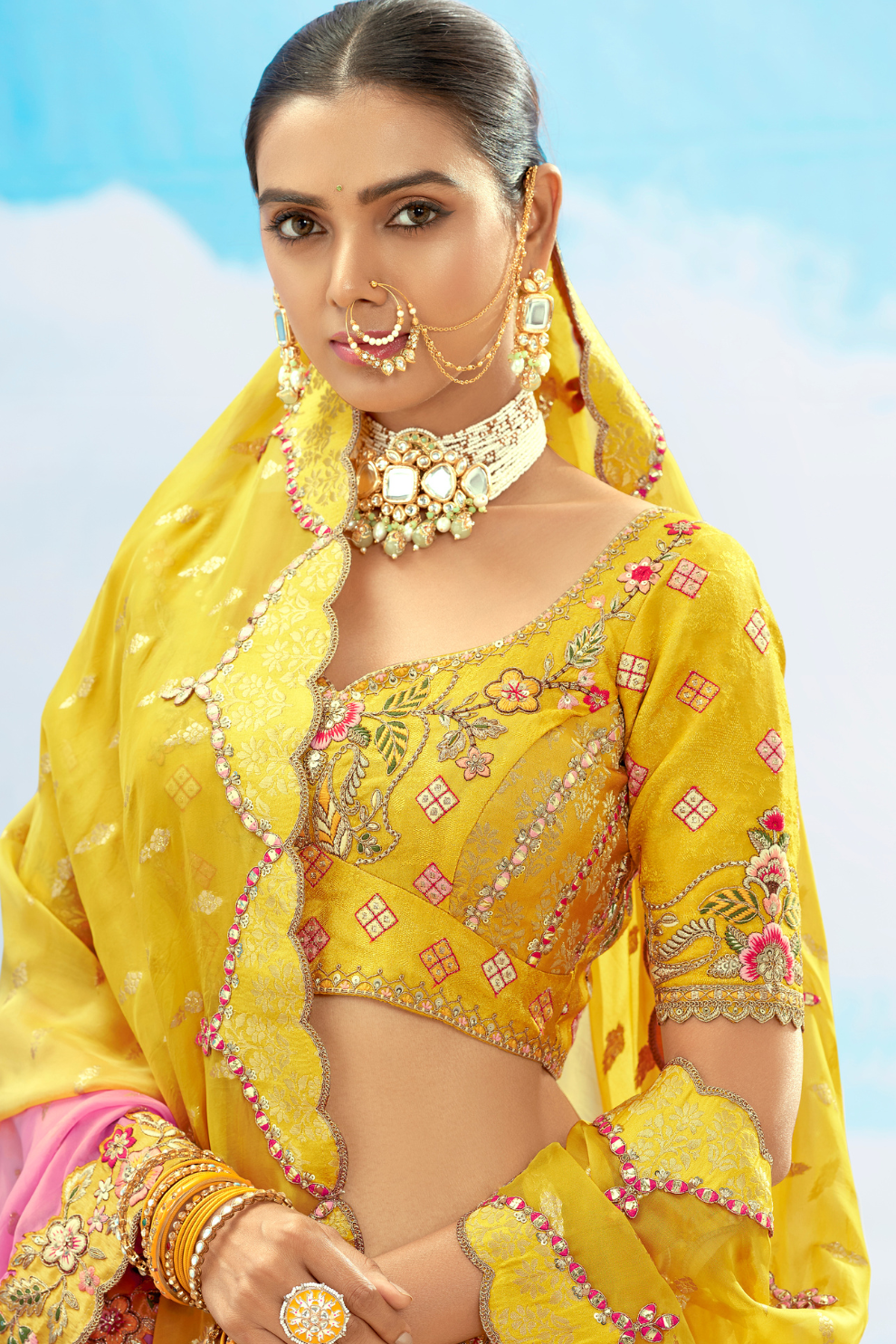Sunset Orange Yellow Embroidered Designer Silk Lehenga