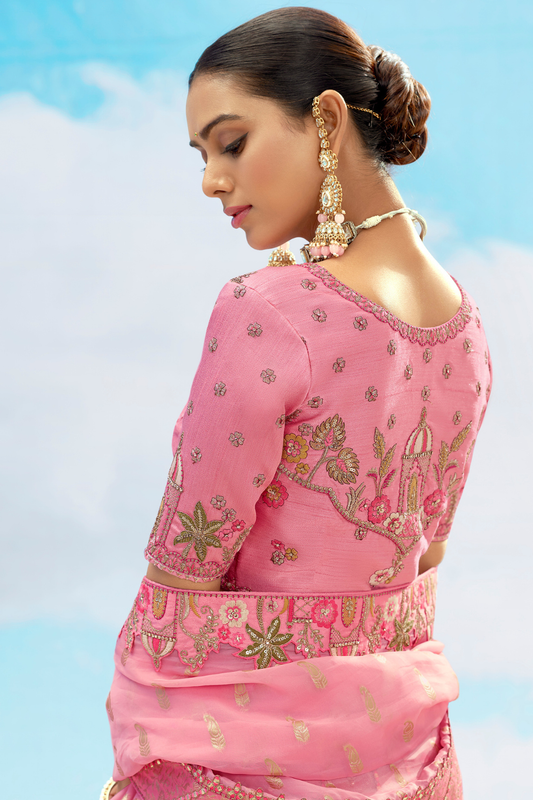 Soft Pink Gold Embroidery Designer Silk Lehenga Choli