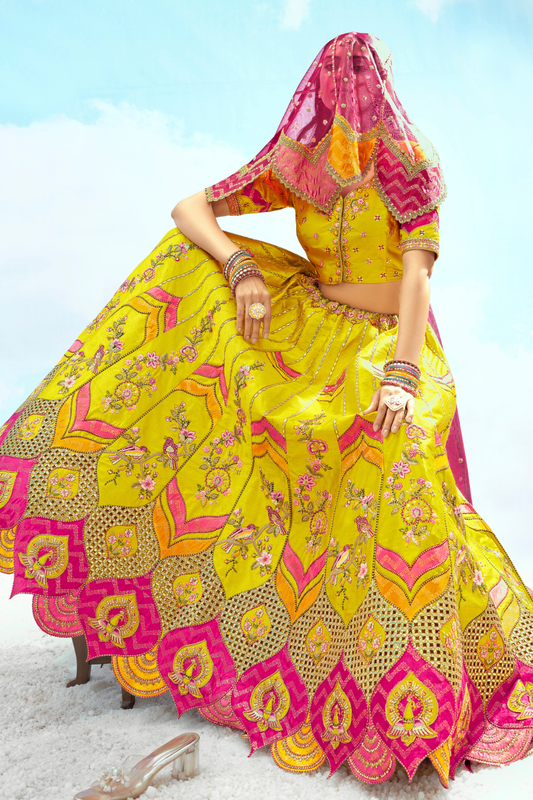 Yellow Pink Silk Bridal Lehenga with Cut Work Mirror Embroidery
