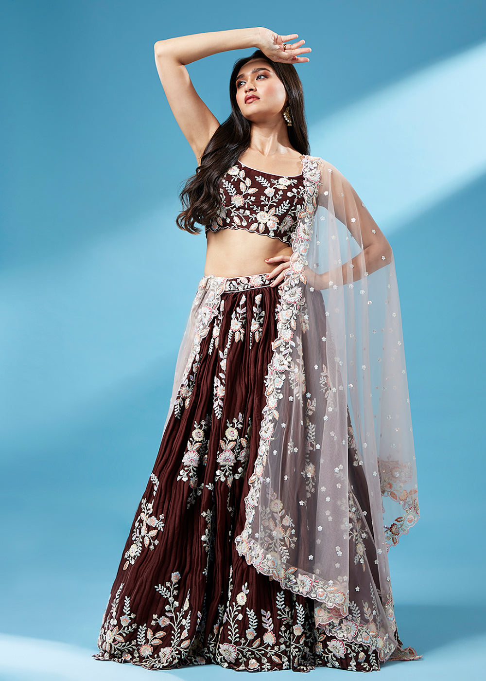 Coffee Brown Georgette Designer Lehenga Choli with Zari, Sequins & Thread work