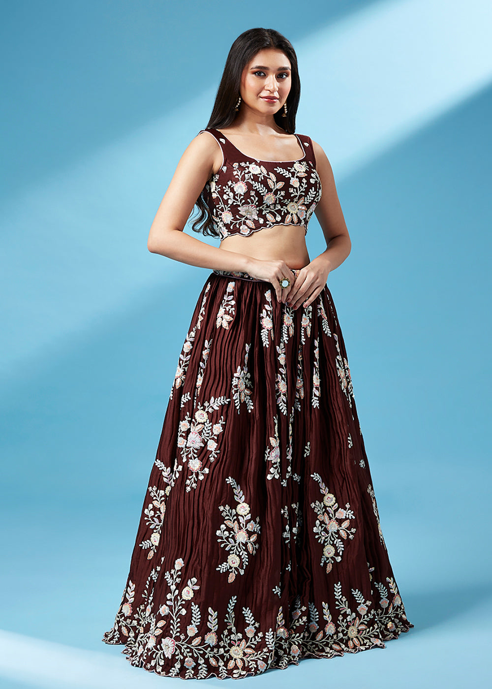 Coffee Brown Georgette Designer Lehenga Choli with Zari, Sequins & Thread work