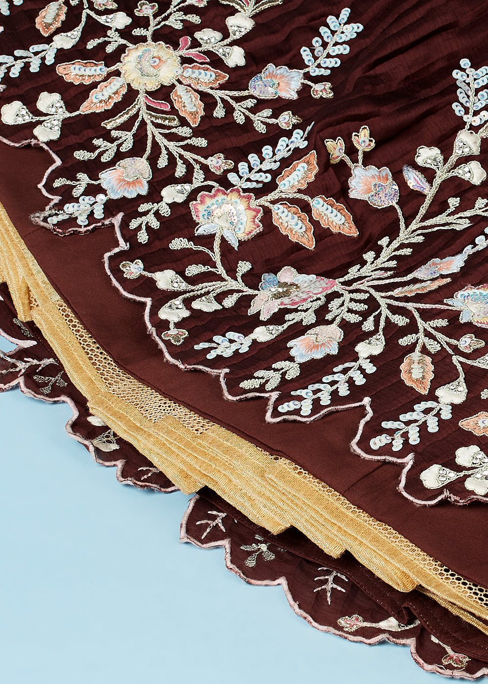 Coffee Brown Georgette Designer Lehenga Choli with Zari, Sequins & Thread work