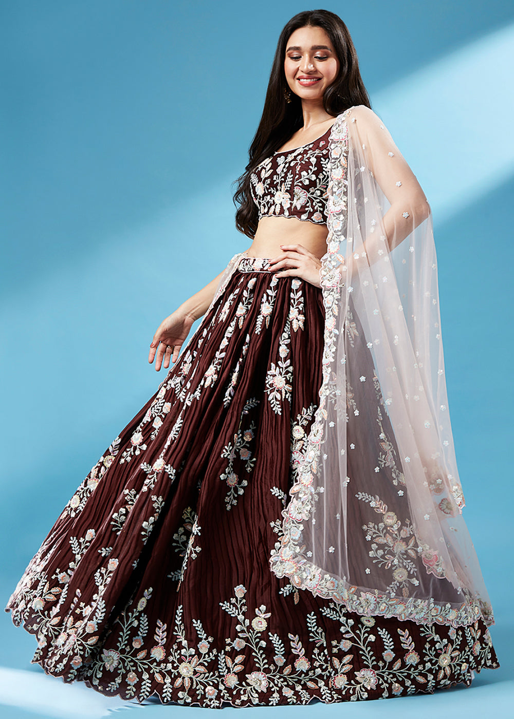Coffee Brown Georgette Designer Lehenga Choli with Zari, Sequins & Thread work