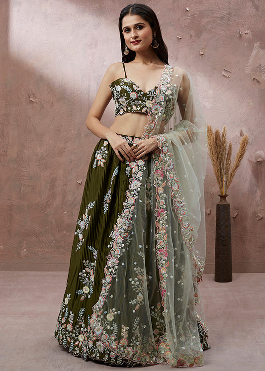 Olive Green Georgette Designer Lehenga Choli with Zari, Sequins & Thread work