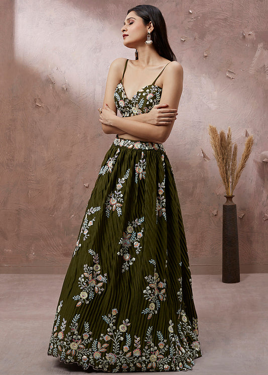 Olive Green Georgette Designer Lehenga Choli with Zari, Sequins & Thread work