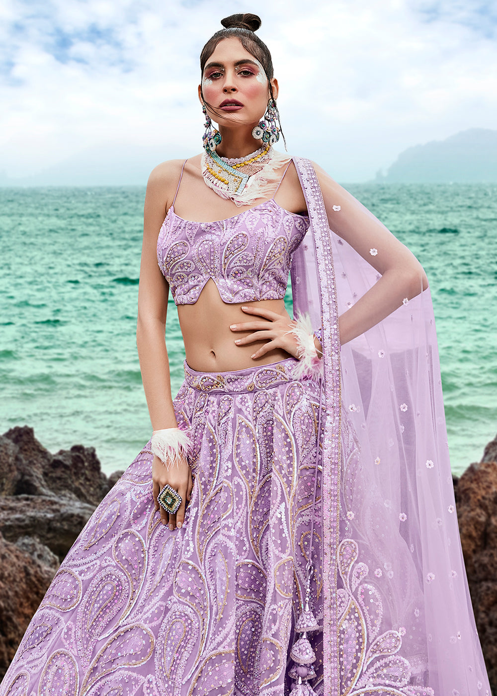 Mauve Purple Net Designer Lehenga Choli with Zarkan Embroidery & Multi Sequins work