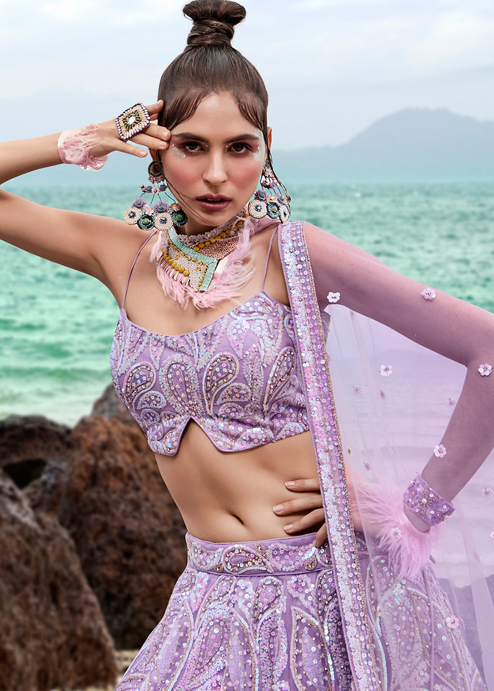 Mauve Purple Net Designer Lehenga Choli with Zarkan Embroidery & Multi Sequins work