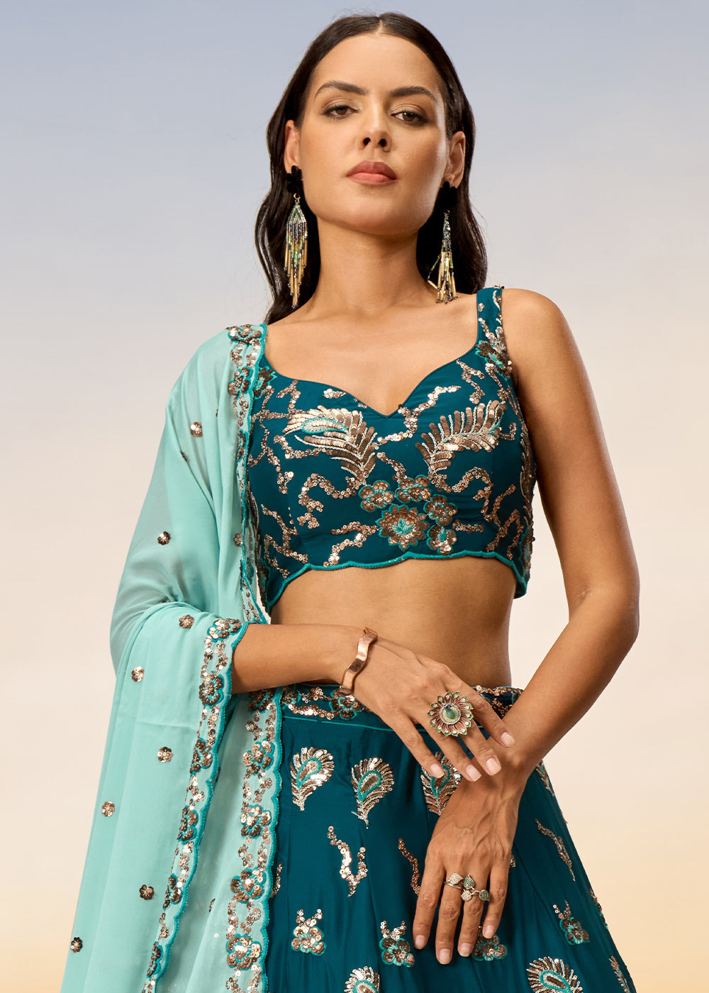 Teal Green Georgette Lehenga Choli with Heavy Sequins Embroidery work