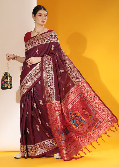 Mulberry Purple Kalamkari Woven Handloom Raw Silk Saree