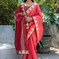 Watermelon Pink Zari Woven Triangle Border Raw Silk Saree with Butti Overall