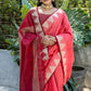 Watermelon Pink Zari Woven Triangle Border Raw Silk Saree with Butti Overall