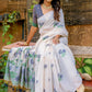 White & Blue Muga Cotton Saree with Woven Pallu & All Over Butti work
