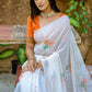 White & Orange Muga Cotton Saree with Woven Pallu & All Over Butti work