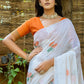 White & Orange Muga Cotton Saree with Woven Pallu & All Over Butti work