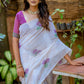 White & Purple Muga Cotton Saree with Woven Pallu & All Over Butti work