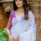 White & Purple Muga Cotton Saree with Woven Pallu & All Over Butti work