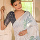 White & Blue Muga Cotton Saree with Woven Pallu & All Over Butti work
