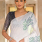 White & Blue Muga Cotton Saree with Woven Pallu & All Over Butti work