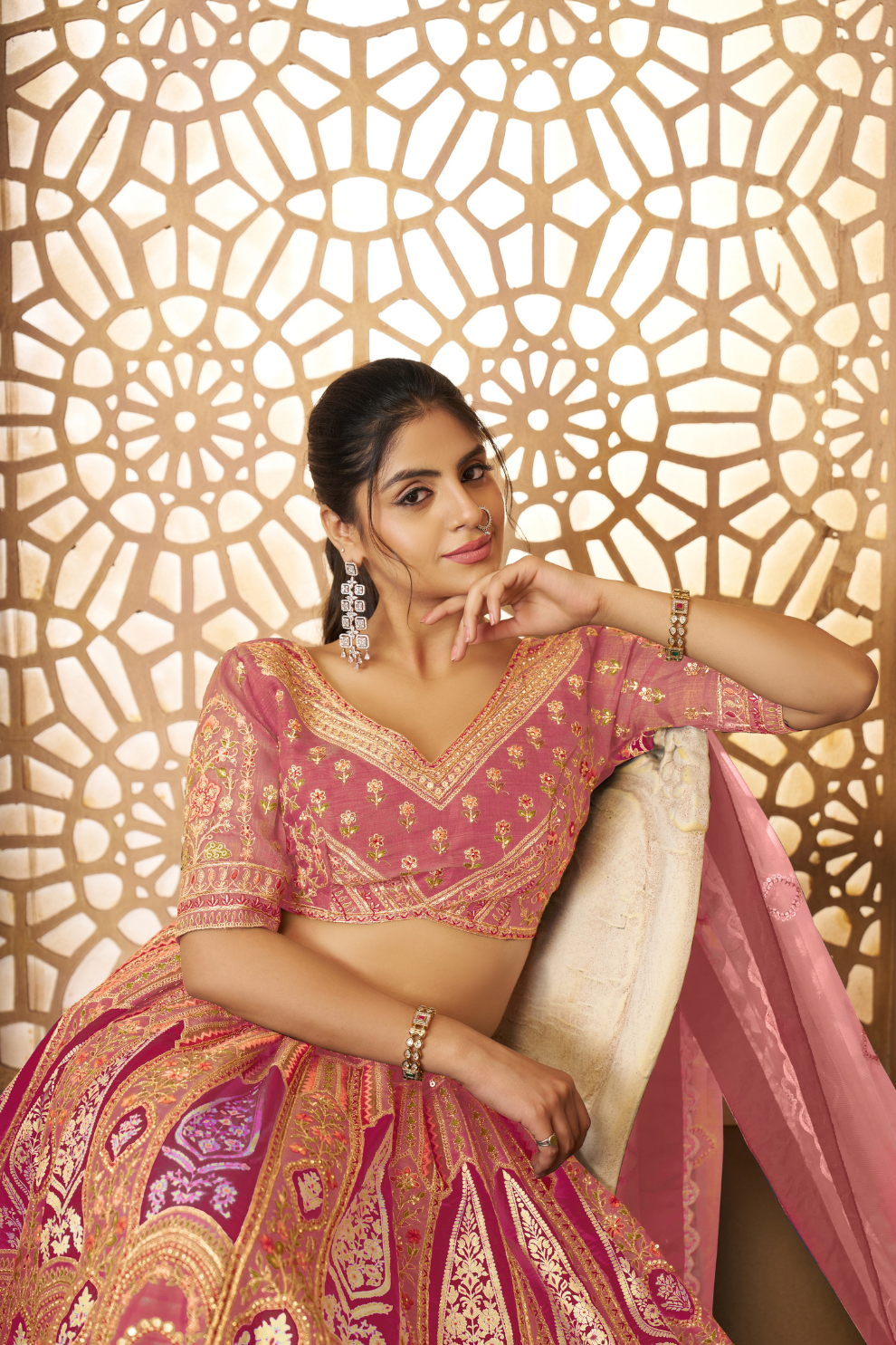 Elegant Wedding Lehenga with Floral Aari Embroidery & Banarasi Accents
