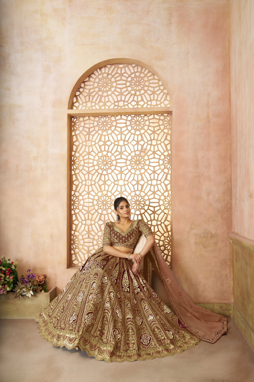 Elegant Wedding Lehenga with Floral Aari Embroidery & Banarasi Accents
