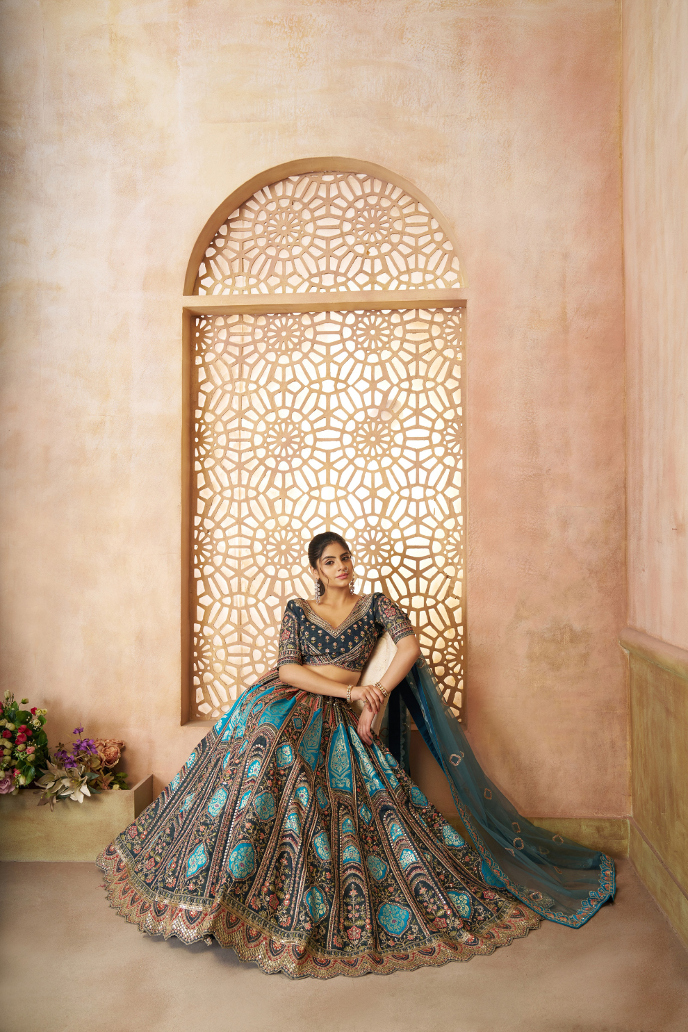 Elegant Wedding Lehenga with Floral Aari Embroidery & Banarasi Accents