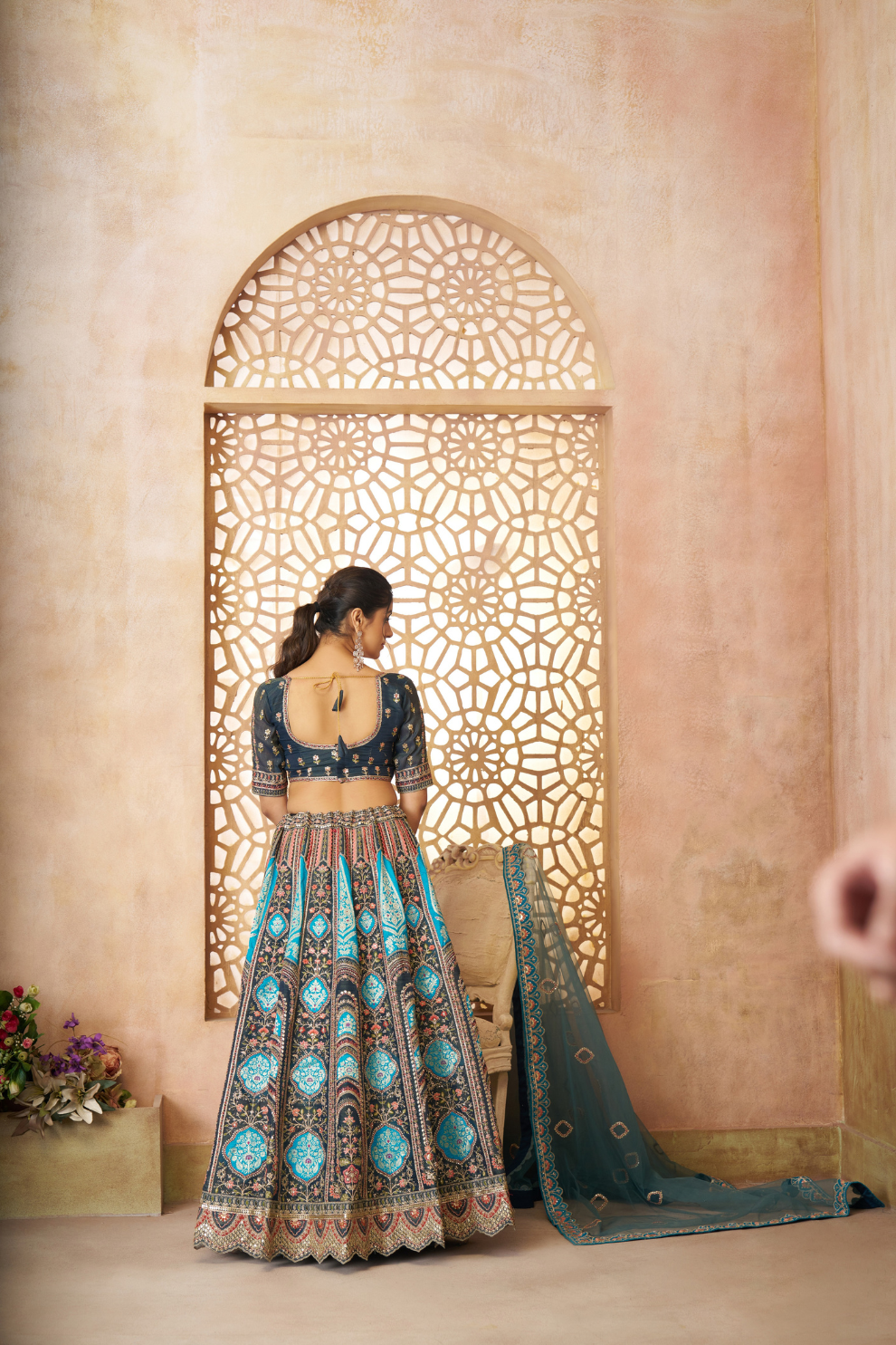 Elegant Wedding Lehenga with Floral Aari Embroidery & Banarasi Accents