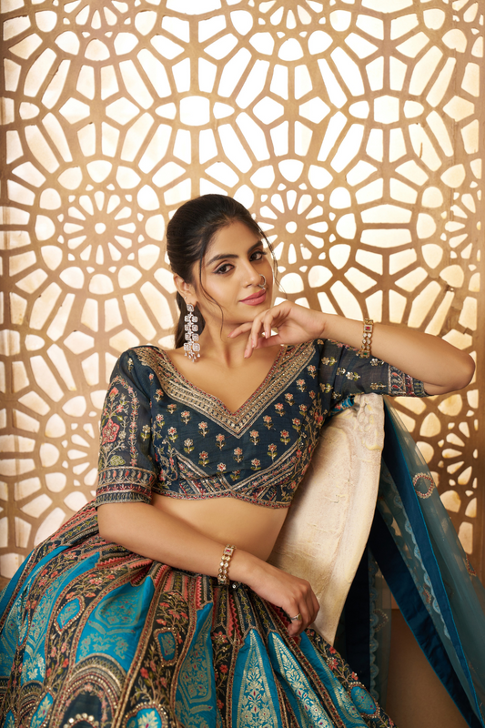 Elegant Wedding Lehenga with Floral Aari Embroidery & Banarasi Accents