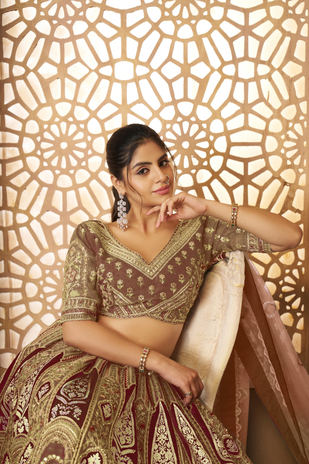 Elegant Wedding Lehenga with Floral Aari Embroidery & Banarasi Accents