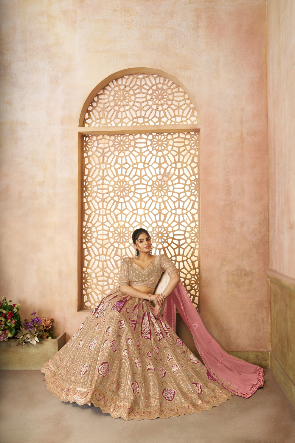 Elegant Wedding Lehenga with Floral Aari Embroidery & Banarasi Accents