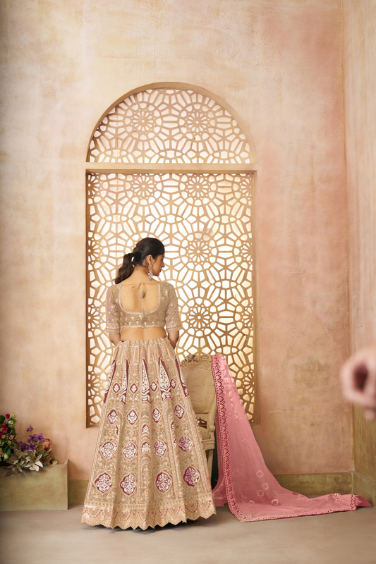 Elegant Wedding Lehenga with Floral Aari Embroidery & Banarasi Accents